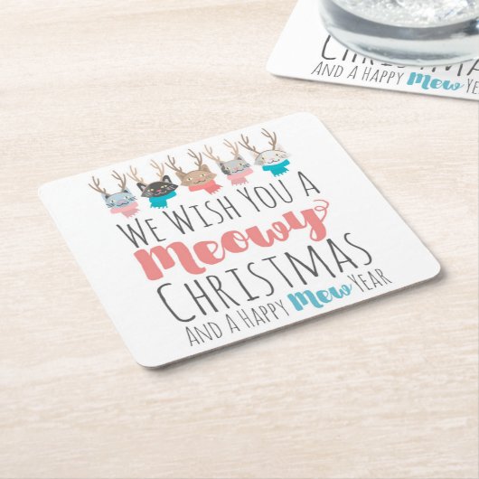 〔雄ジカの〕枝角の休日の猫たちおもしろい スクエアペーパーコースター (アングル)