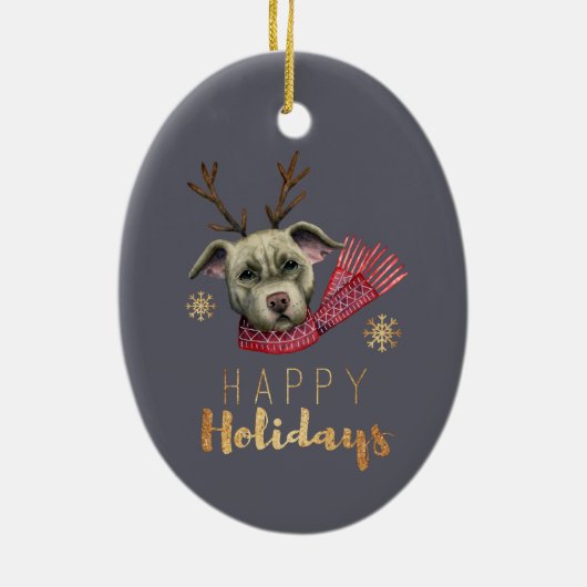 (雄ジカの)枝角を搭載するクリスマスのピット・ブル犬 セラミックオーナメント (裏面)