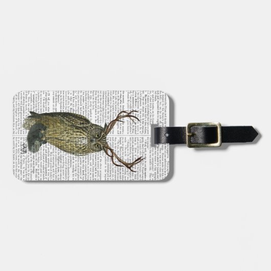 (雄ジカの)枝角を搭載するフクロウは2つを嘆きます ラゲッジタグ (正面横)