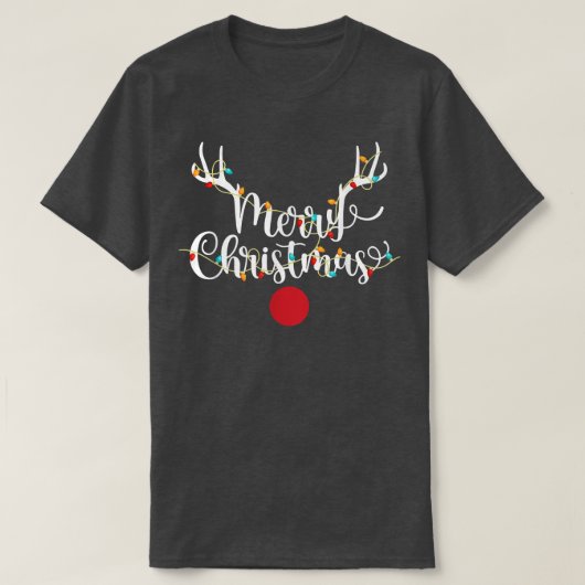 〔雄ジカの〕枝角クリスマスライトトナカイ顔ルドルフ赤 Tシャツ (デザイン正面)
