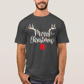〔雄ジカの〕枝角クリスマスライトトナカイ顔ルドルフ赤 Tシャツ