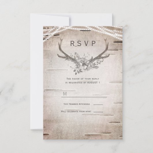〔雄ジカの〕枝角ス素朴ホワイト樺の木ヴィンテージウェディングRSVP 招待状 (正面)