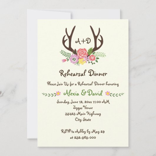 〔雄ジカの〕枝角フローラ結婚モノグラムのリハーサル 招待状 (正面)