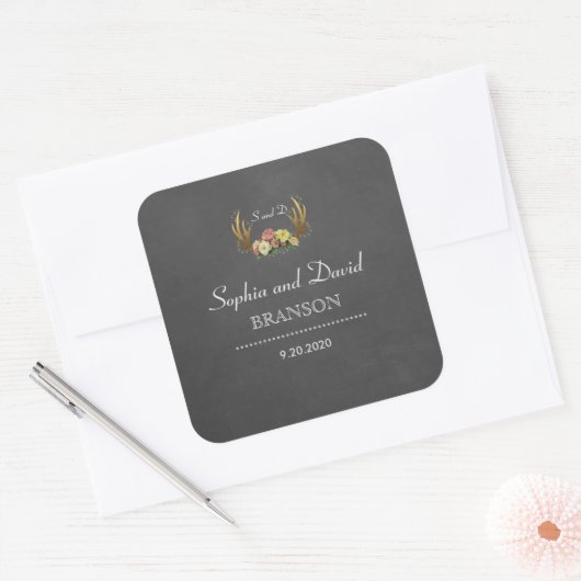 〔雄ジカの〕枝角ユニークフローラシャルボ結婚ードのモノグラム スクエアシール (封筒)