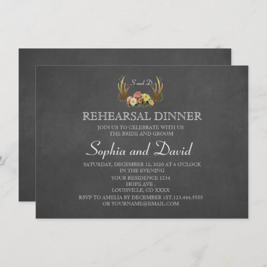 〔雄ジカの〕枝角ユニークフローラ結婚のリハーサル 招待状 (正面/裏面)