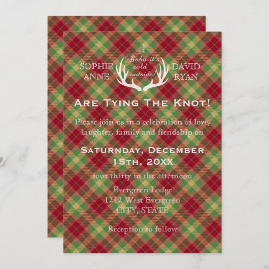 〔雄ジカの〕枝角レッドとグリーンプレイド結婚式招待状 招待状 (正面/裏面)