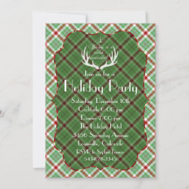 〔雄ジカの〕枝角レッドグリーン格子体ホリデーパーティー招待状 招待状