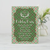 〔雄ジカの〕枝角レッドグリーン格子体ホリデーパーティー招待状 招待状 (スタンド正面)
