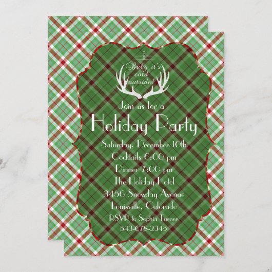 〔雄ジカの〕枝角レッドグリーン格子体ホリデーパーティー招待状 招待状 (正面/裏面)