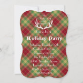 〔雄ジカの〕枝角レッドグリーン格子体ホリデーパーティー招待状 招待状 (正面)