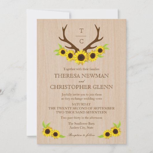 〔雄ジカの〕枝角素朴とひまわりの結婚式招待状 招待状 (正面)