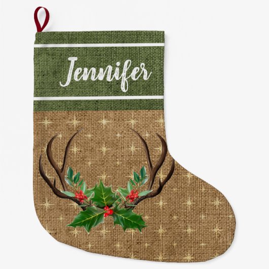 〔雄ジカの〕枝角素朴グリーンホリーとレッドベリー ラージクリスマスストッキング (正面)