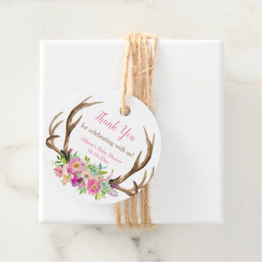 〔雄ジカの〕枝角素朴ピンクのフローラ女の子の赤ちゃんシャワー フェイバータグ (インサイチュ)