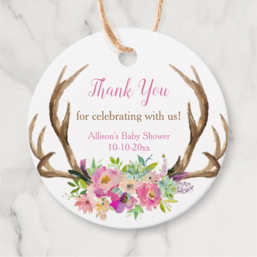 〔雄ジカの〕枝角素朴ピンクのフローラ女の子の赤ちゃんシャワー フェイバータグ (正面)