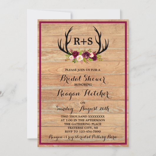 〔雄ジカの〕枝角素朴フローラブルガンディウッドブライダルシャワー 招待状 (正面)