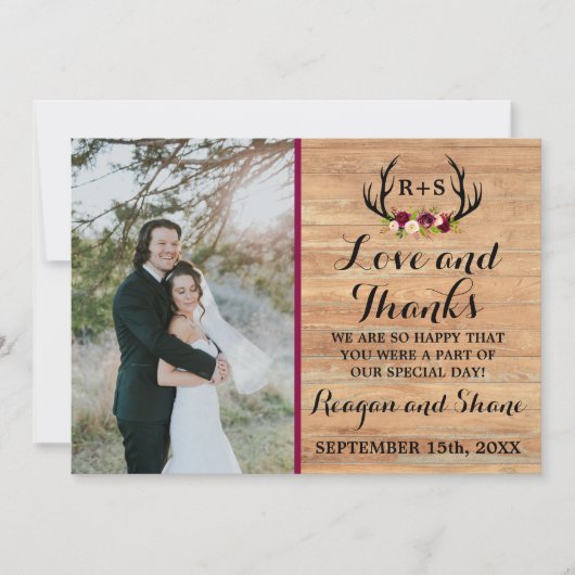 〔雄ジカの〕枝角素朴フローラブルゴーニュ木材ありがとう サンキューカード (正面)