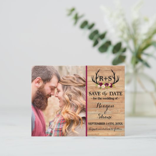 〔雄ジカの〕枝角素朴フローラBurgundy Wood日付を保存 案内ポストカード (スタンド正面)