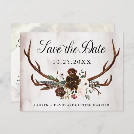 〔雄ジカの〕枝角素朴ブルゴーニュバラフローラ日付を保存 案内ポストカード (正面/裏面)