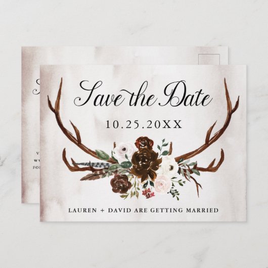 〔雄ジカの〕枝角素朴ブルゴーニュフローラ日付を保存 案内ポストカード (正面/裏面)