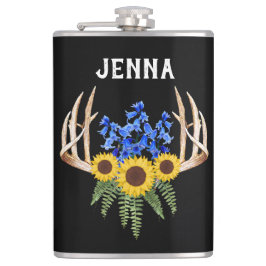 〔雄ジカの〕枝角素朴ブルーベルとヒマワリ フラスク