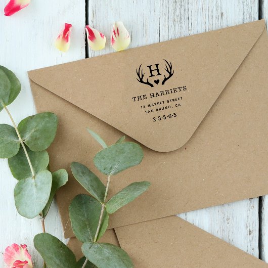 〔雄ジカの〕枝角素朴モノグラムファミリー名差出人住所 セルフインキングスタンプ