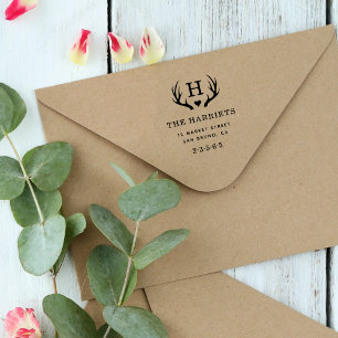 〔雄ジカの〕枝角素朴モノグラムファミリー名差出人住所 ラバースタンプ