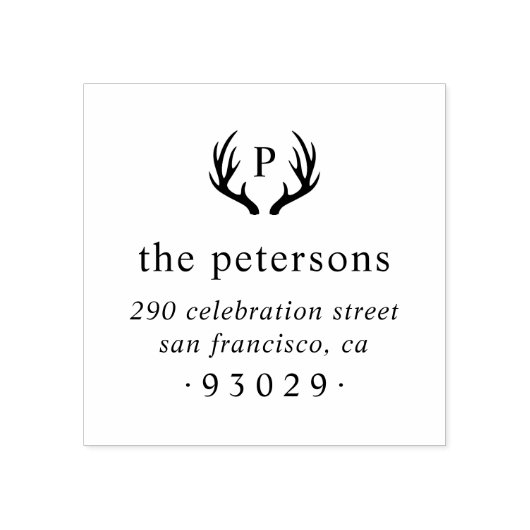 〔雄ジカの〕枝角素朴モノグラムファミリー名差出人住所 ラバースタンプ (インプリント)