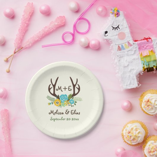 〔雄ジカの〕枝角&アクアブルー,黄色の花ラスチック結婚ス ペーパープレート (パーティー)