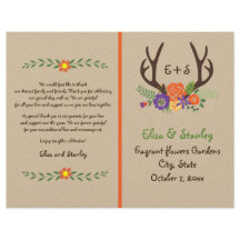 〔雄ジカの〕枝角&オレンジ花モノグラム結婚式プログラム