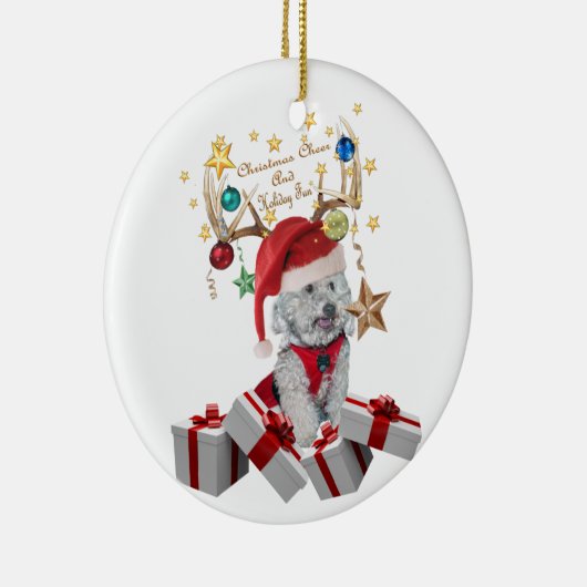 (雄ジカの)枝角、クリスマスおよびcockapoo セラミックオーナメント (右)