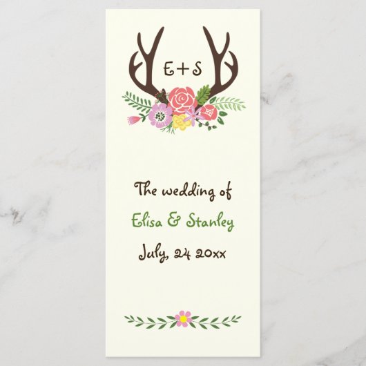 〔雄ジカの〕枝角&サンゴ,ピンクの花の結婚式プログラム プログラム (正面)