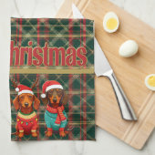 〔雄ジカの〕枝角&サンタハットのダックスフント：クリスマス キッチンタオル (四つ折り)