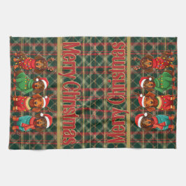 〔雄ジカの〕枝角&サンタハットのダックスフント：クリスマス キッチンタオル
