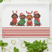 〔雄ジカの〕枝角&サンタハットのダックスフント:クリスマス キッチンタオル (折り畳み)