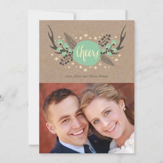 〔雄ジカの〕枝角、ベリーと松の休日のフォトカード シーズンカード (正面)