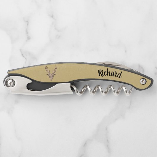 雄バックディアヘッド大〔雄ジカの〕枝角タン ソムリエナイフ (正面)