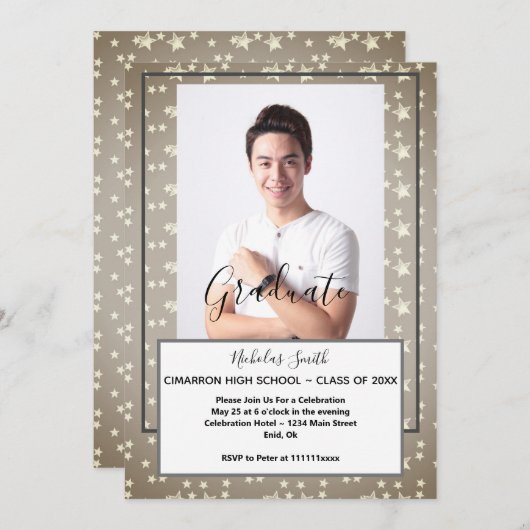 雄モダン灰色の星 |卒業パーティー 招待状 (正面/裏面)