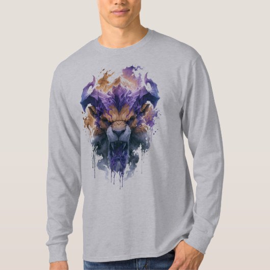 雄叫びをあげるファンタジーライオン 長袖 Tシャツ (正面)