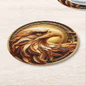 雄壮な鷹が円形の枠内に収まっている ラウンドペーパーコースター (アングル)