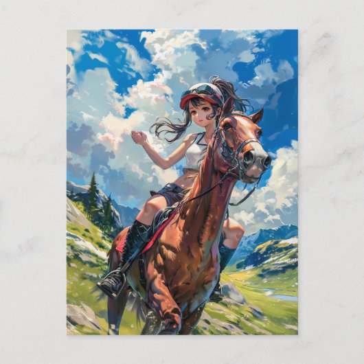 雄大なアニメのライダー 豊かな山々 ポストカード (正面)