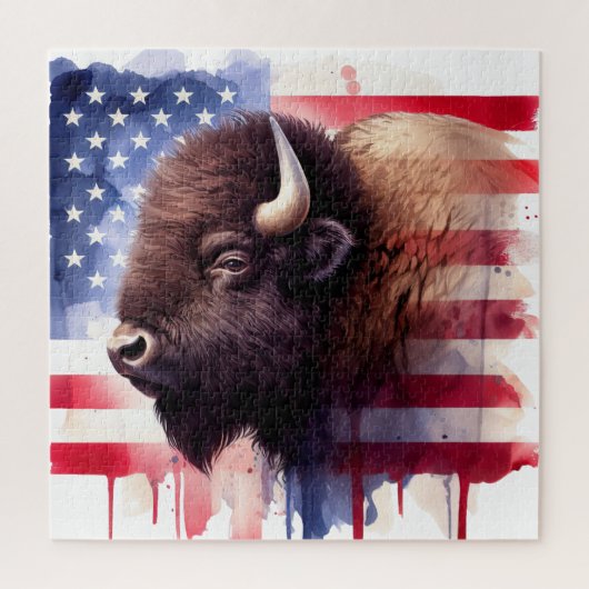 雄大なアメリカバイソンと愛国的な旗のアートワーク ジグソーパズル (縦)