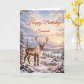 雄大なトナカイ 雪山 冬の誕生日 カード (黄色い花)