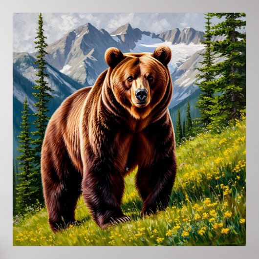 雄大な山の草原の茶色の熊🐻🏔️🌿🌼✨ ポスター (正面)