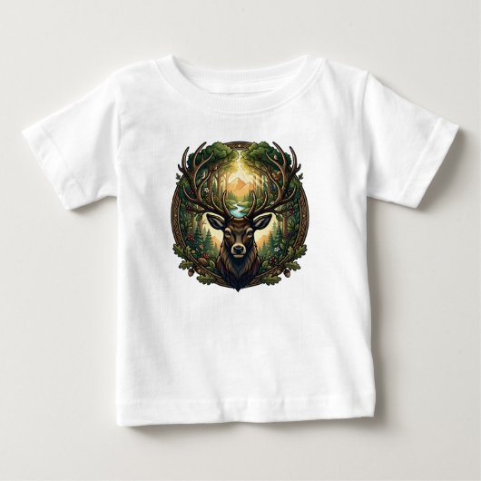 雄大な森の鹿の自然野生生物アート ベビーTシャツ (正面)