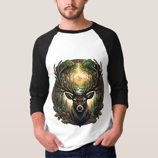 雄大な森の鹿の自然野生生物アート Tシャツ (正面)