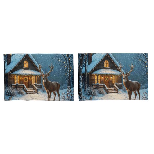 雄大な牡鹿の雪のクリスマス訪問 枕カバー (フロントセット)