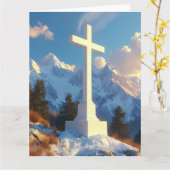 雄大な雪山に佇む白い聖十字架 カード (黄色い花)