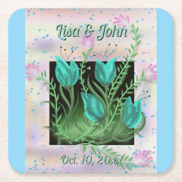 雄弁なティール(緑がかった色)の結婚花のコースター スクエアペーパーコースター