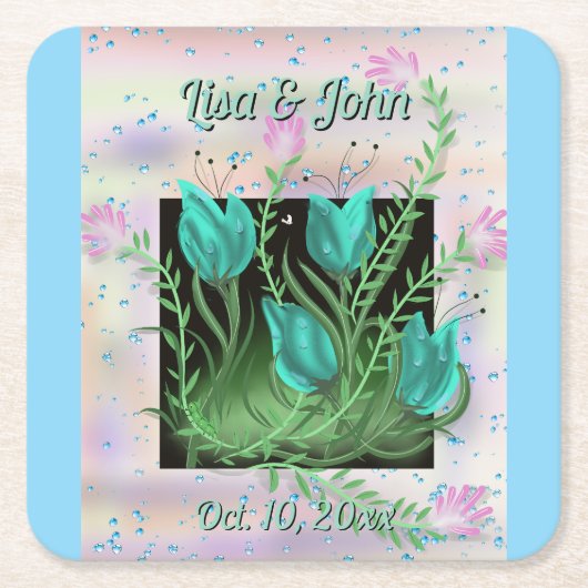 雄弁なティール（緑がかった色）の結婚花のコースター スクエアペーパーコースター (正面)