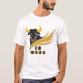 雄牛のアイコンとゴールドでEid mubarakの挨拶デザイン Tシャツ (正面)